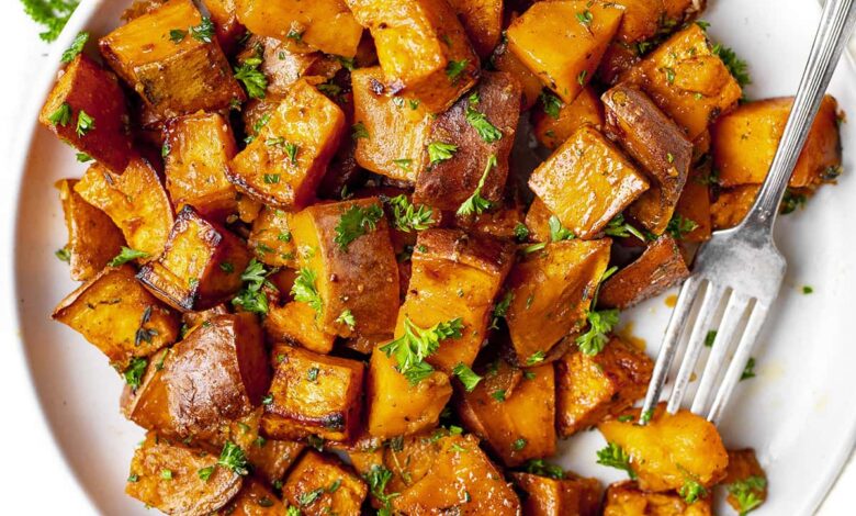 Roasted sweet potatoes poached eggs bell pepper salsa recipe