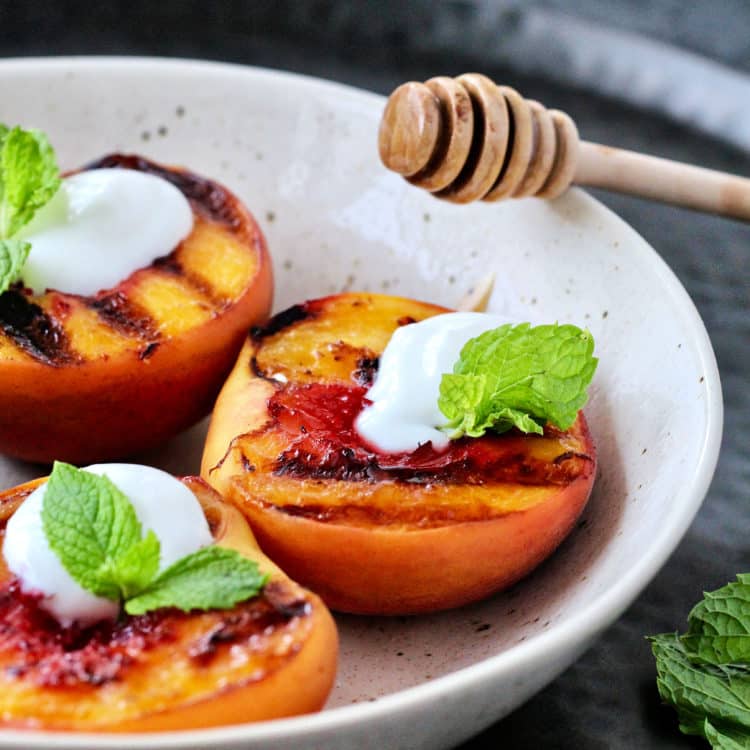 Honey basted grilled peaches with greek yogurt