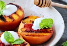Honey basted grilled peaches with greek yogurt