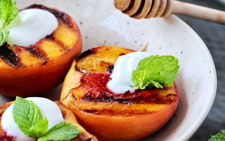 Honey basted grilled peaches with greek yogurt