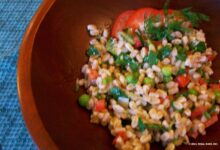 Farro salad peppers cauliflower roasted red beans white lemony joyofkosher evi credit recipe