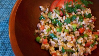 Farro salad peppers cauliflower roasted red beans white lemony joyofkosher evi credit recipe