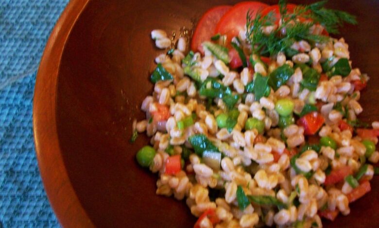 Farro salad peppers cauliflower roasted red beans white lemony joyofkosher evi credit recipe