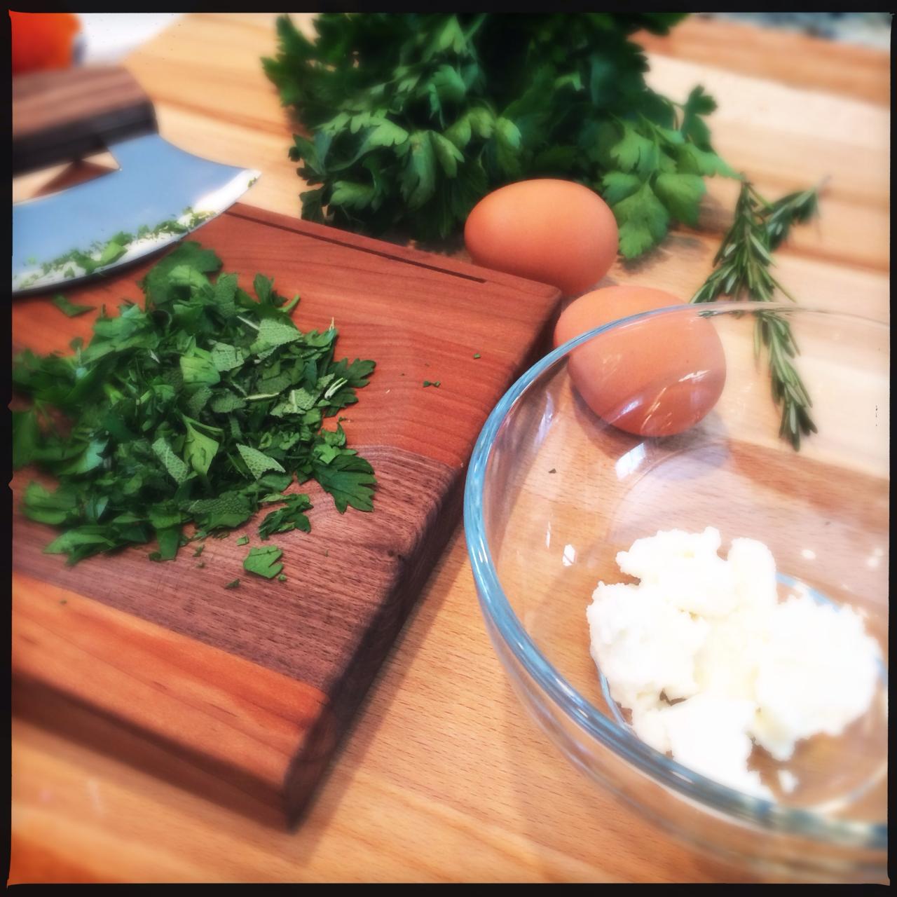 Veggie hashbrown ricotta cakes and eggs