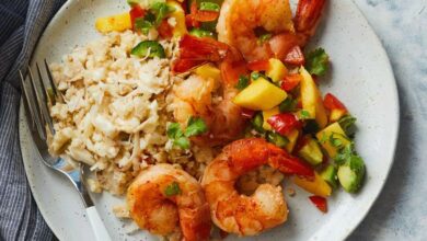 Sauteed shrimp with mango salsa
