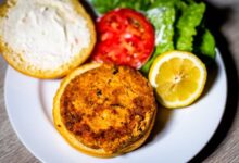 Salmon burgers on cloud buns
