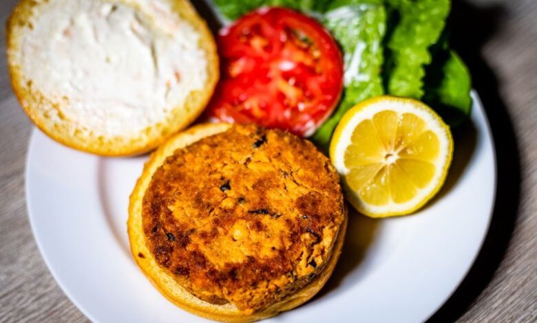 Salmon burgers on cloud buns