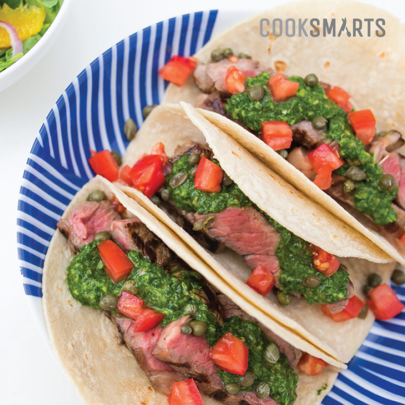 Steak tacos with chimichurri sauce