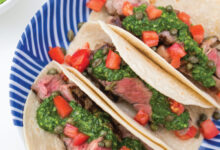 Steak tacos with chimichurri sauce