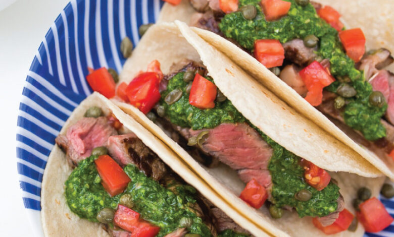 Steak tacos with chimichurri sauce