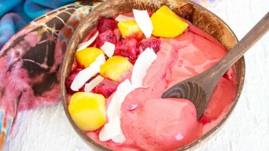 Pink cookie dragon fruit smoothie bowl