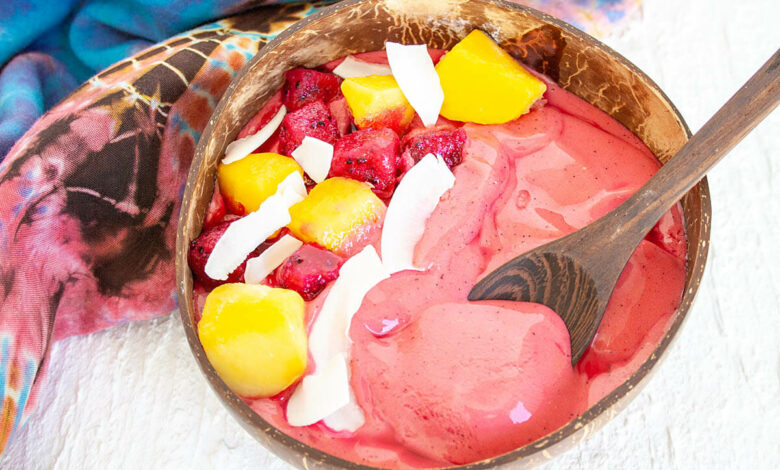 Pink cookie dragon fruit smoothie bowl