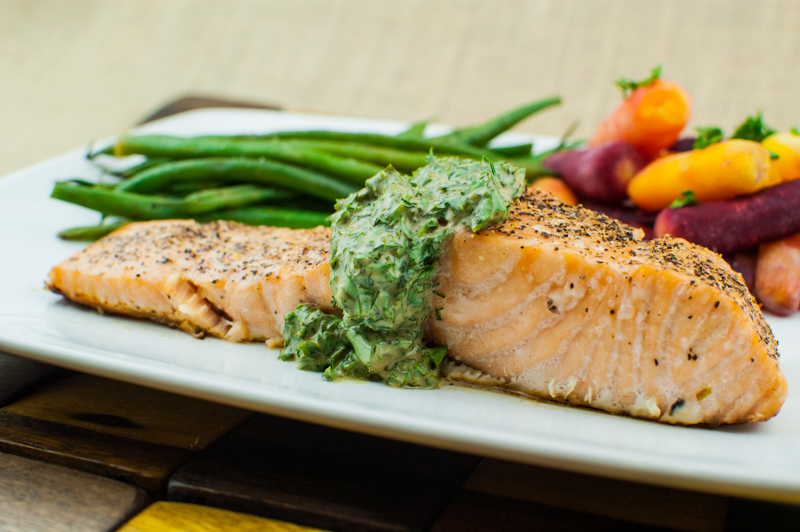 Baked salmon with mustard dill sauce