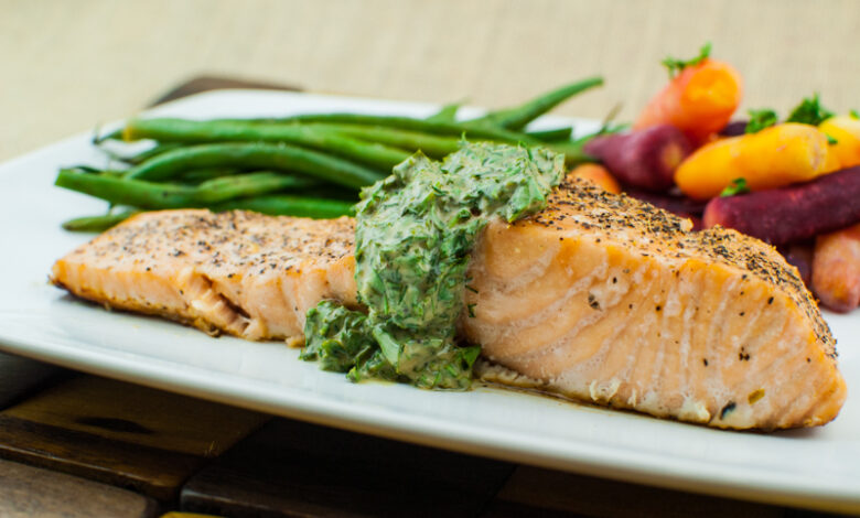 Baked salmon with mustard dill sauce
